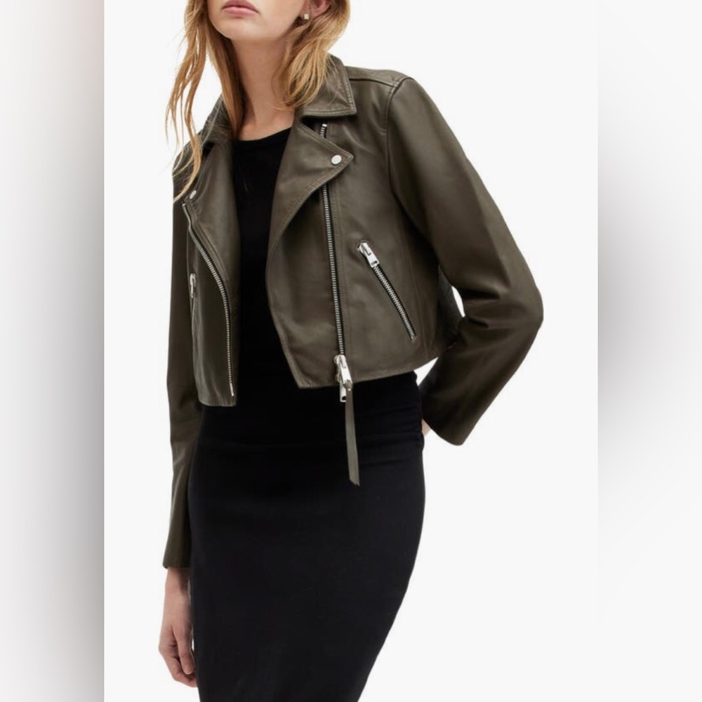 NWT $499 AllSaints Dalby Crop Leather Biker Jacket in TARMAC GREEN!